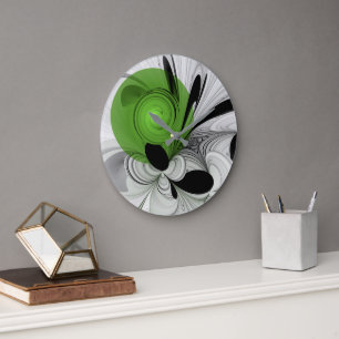 Grande Horloge Ronde Noir Abstrait et blanc avec art fractal vert