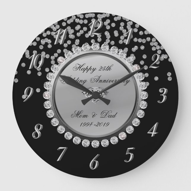 Grande Horloge Ronde Noir Argent Diamants 25e anniversaire de mariage (Recto)