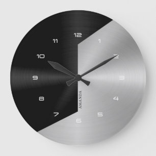 Grande Horloge Ronde Noir & Argent Moderne Métallurgique Design géométr