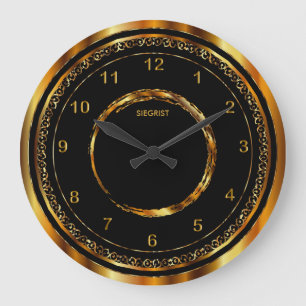 Grande Horloge Ronde Noir avec le cadre métallique d'or de Faux