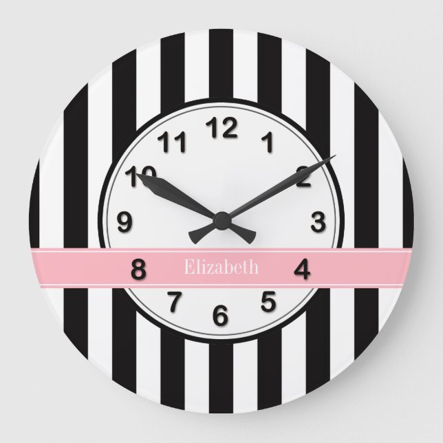 Grande Horloge Ronde Noir blanc bande rose Nom du ruban Monogramme (Recto)