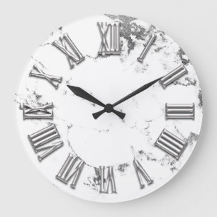Grande Horloge Ronde Noir Blanc Gris Métal Marbre Pierre Numéro Romain