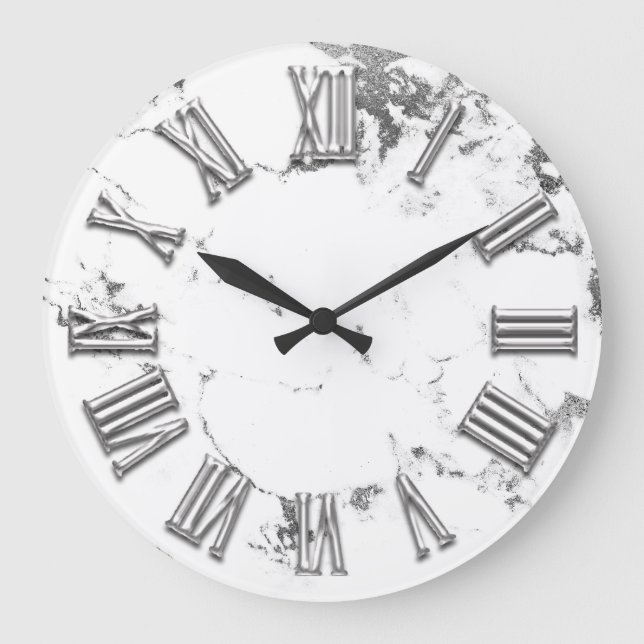 Grande Horloge Ronde Noir Blanc Gris Métal Marbre Pierre Numéro Romain (Recto)