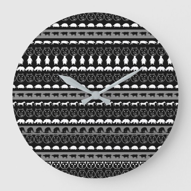 Grande Horloge Ronde Noir Blanc mignon Animaux Motif #2 (Recto)