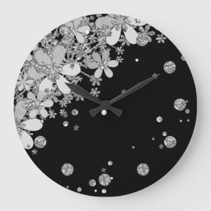 Grande Horloge Ronde Noir élégant g de fleurs d'argent foncé floral 