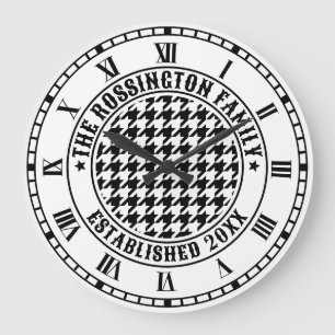 Grande Horloge Ronde Noir et blanc Houndstooth Nom de famille Date Estd