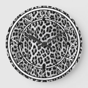 Grande Horloge Ronde Noir et blanc monochrome, léopard motif
