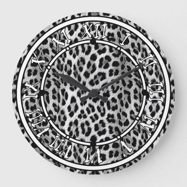 Grande Horloge Ronde Noir et blanc monochrome, léopard motif (Recto)