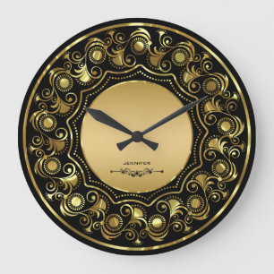 Grande Horloge Ronde Noir et conception florale d'or