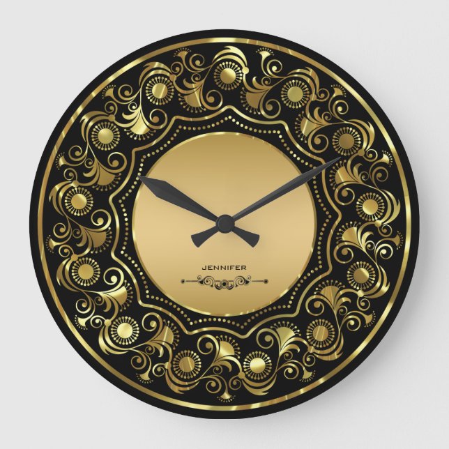 Grande Horloge Ronde Noir et conception florale d'or (Recto)