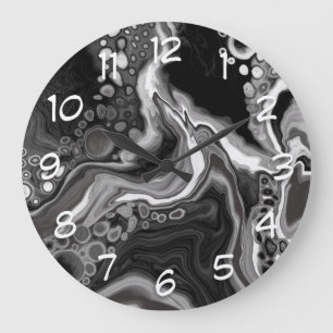 Grande Horloge Ronde Noir et Marbre blanc Digital Fluid Art