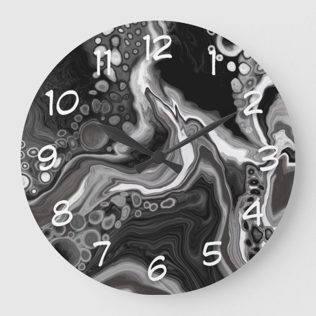 Grande Horloge Ronde Noir et Marbre blanc Digital Fluid Art (Recto)