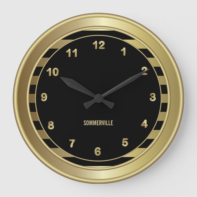 Grande Horloge Ronde Noir et Or Classé avec bandes (Recto)