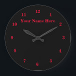 Grande Horloge Ronde Noir Rouge - Personnalisable - Ajouter Votre Texte<br><div class="desc">Belles couleurs personnalisables Horloge - Choisissez / ajoutez vos couleurs arrière - plans et numériques préférées !  
Choisissez Vos Polices Uniques !
Ajoutez votre logo / texte / nom / date / image / image ...  ou autre :)</div>