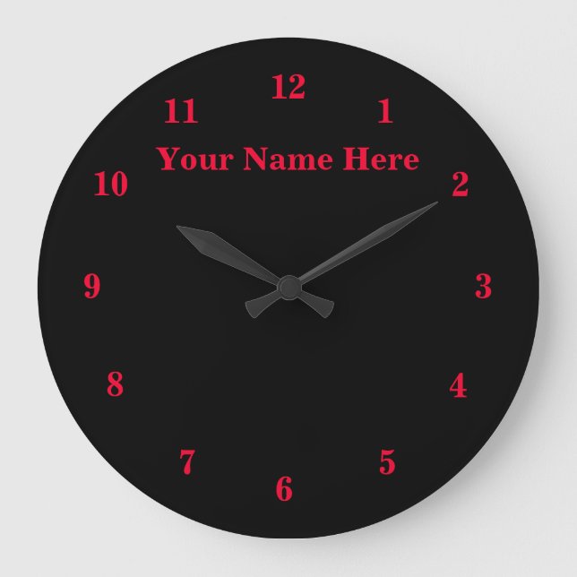Grande Horloge Ronde Noir Rouge - Personnalisable - Ajouter Votre Texte (Recto)