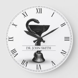 Grande Horloge Ronde Noir Serpent Médicale Bowl Hygieia Nom blanc