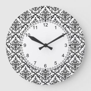 Grande Horloge Ronde Noir sur le motif Damas blanc