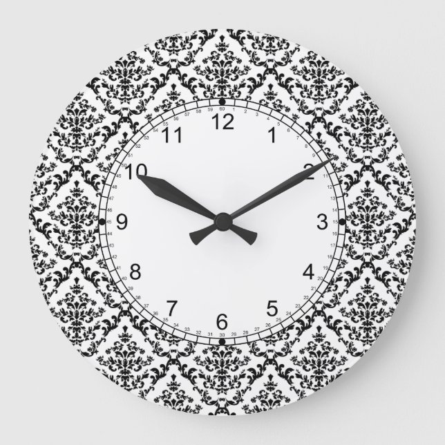 Grande Horloge Ronde Noir sur le motif Damas blanc (Recto)