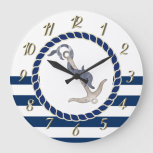 Grande Horloge Ronde Nom de bateau nautique, dauphin d'ancrage rayé ble