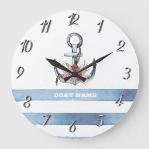 Grande Horloge Ronde Nom de bateau nautique, fleurs d'ancre rayures