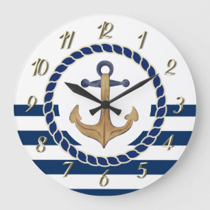 Grande Horloge Ronde Nom de bateau nautique, rayures bleu marine ancre 