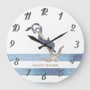Grande Horloge Ronde Nom de bateau nautique, rayures de dauphin d'ancre