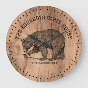 Grande Horloge Ronde Nom de famille de l'ours noir Rustic Wood Cabine H