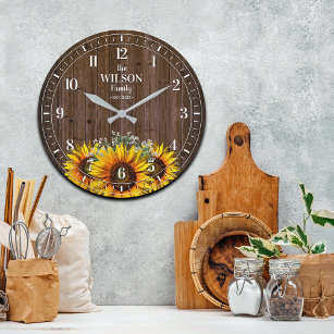 Grande Horloge Ronde Nom de famille du tournesol et du bois rustiques