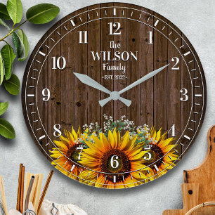 Grande Horloge Ronde Nom de famille du tournesol et du bois rustiques