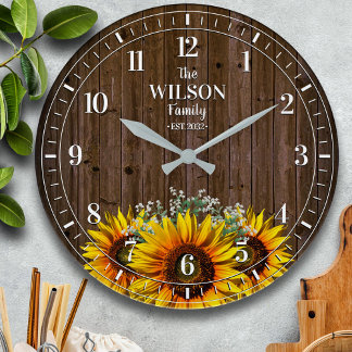 Grande Horloge Ronde Nom de famille du tournesol et du bois rustiques