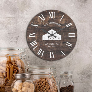 Grande Horloge Ronde Nom de famille en bardage de grange rustique vinta