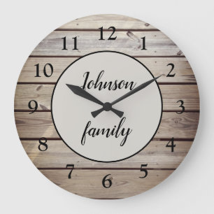 Grande Horloge Ronde Nom de famille en bois de ferme moderne