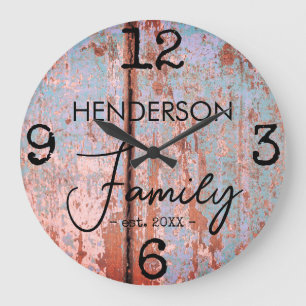Grande Horloge Ronde Nom de famille en bois faux vieilli de style ferme