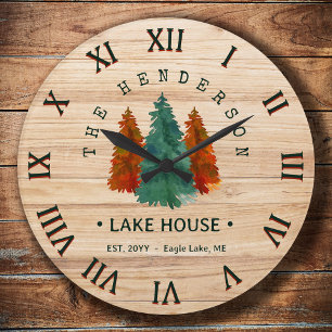 Grande Horloge Ronde Nom de famille Lake House Pine Tree bois Personnal