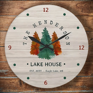 Grande Horloge Ronde Nom de famille Lake House Pine Tree bois Personnal
