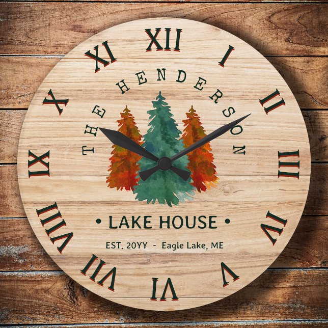 Grande Horloge Ronde Nom de famille Lake House Pine Tree bois Personnal (Créateur téléchargé)