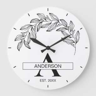 Grande Horloge Ronde Nom de famille noir et blanc monogrammé