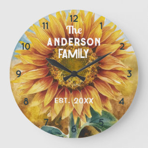 Grande Horloge Ronde Nom de famille personnalisé Farmhal Tournesol Aqua