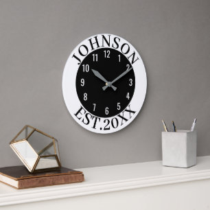 Grande Horloge Ronde Nom de famille personnalisé minimaliste noir et bl