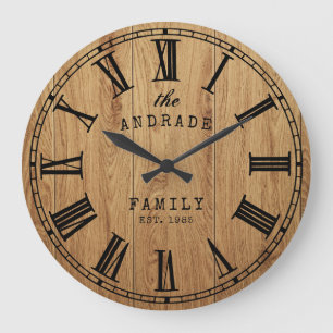 Grande Horloge Ronde Nom de famille personnalisé Rustic Farmhouse Bois