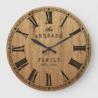 Grande Horloge Ronde Nom de famille personnalisé Rustic Farmhouse Bois