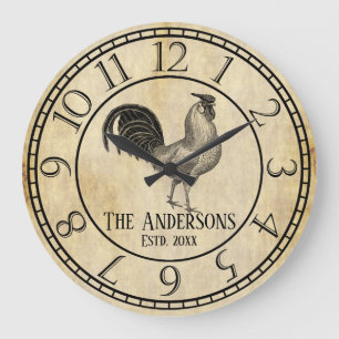 Grande Horloge Ronde Nom de famille rustique de coq de style vintage