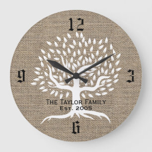 Grande Horloge Ronde Nom de famille rustique de toile de jute d'arbre