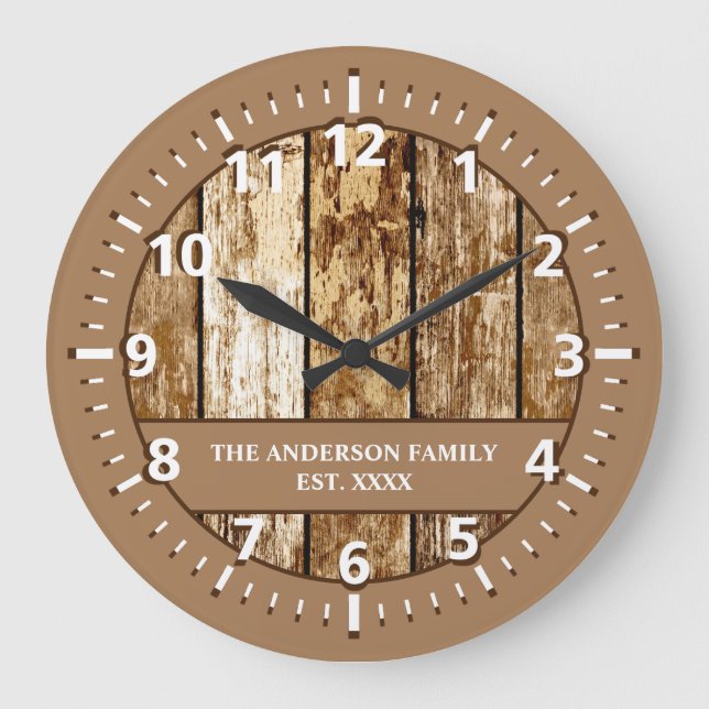 Grande Horloge Ronde Nom de famille rustique en faux bois brun blanc (Recto)