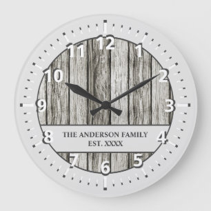 Grande Horloge Ronde Nom de famille rustique en faux bois gris pâle et