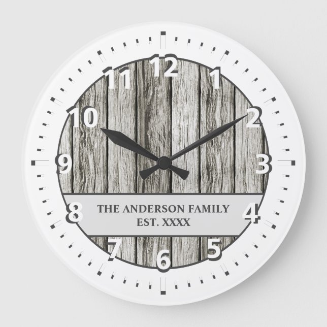 Grande Horloge Ronde Nom de famille rustique faux bois blanc gris (Recto)