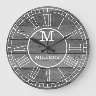 Grande Horloge Ronde Nom de famille rustique Gris Planche de bois Monog