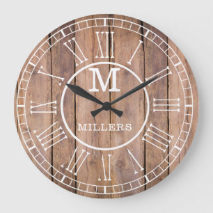 Grande Horloge Ronde Nom de famille rustique Monogramme Bois Brown
