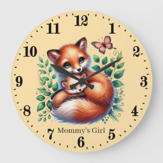 Grande Horloge Ronde Nom de la fille de maman mignonne renard ajouter