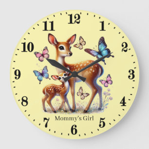 Grande Horloge Ronde Nom de la fille du cerf de maman mignonne